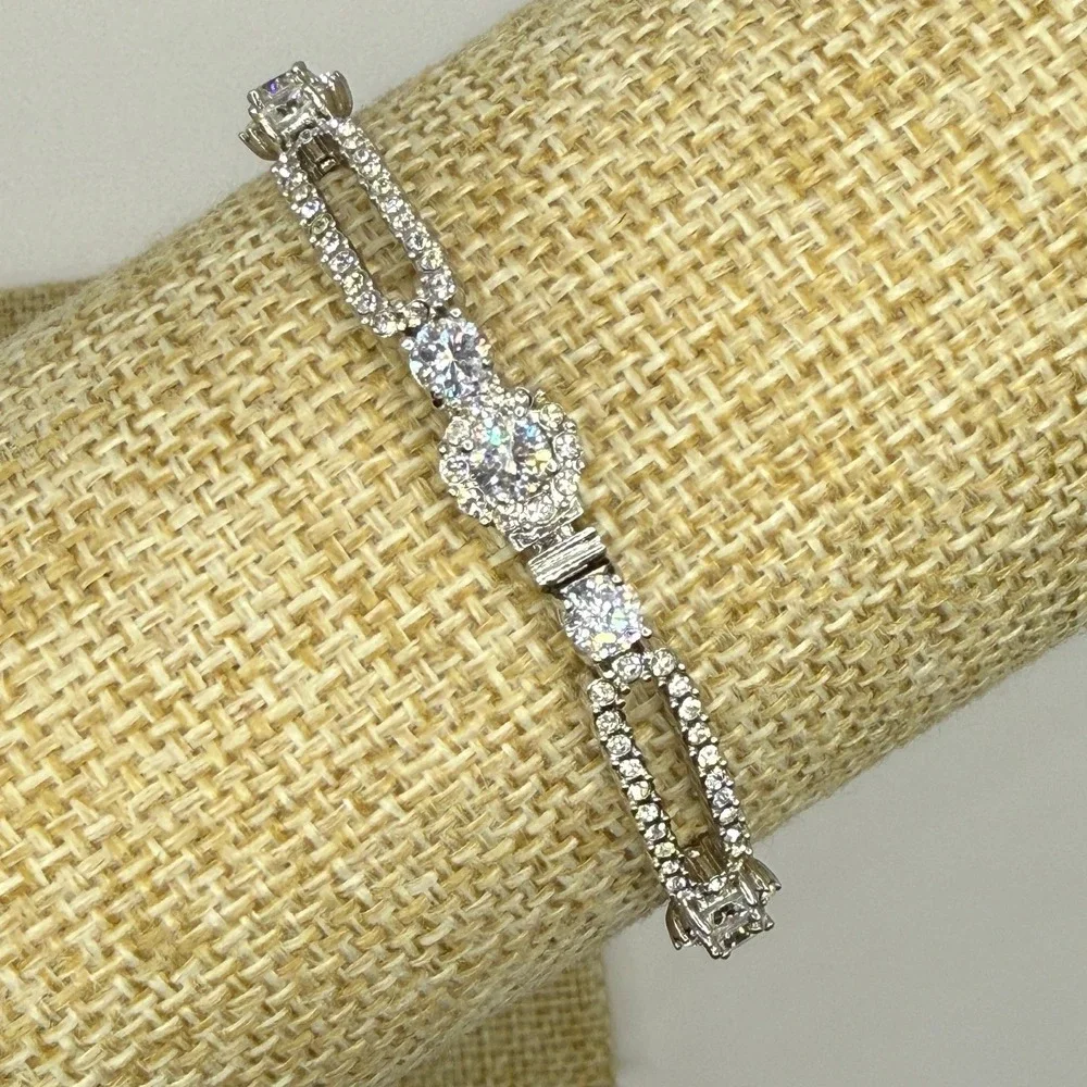 Nadri Silver Tone Cubic Zirconia Radiant Halo Line Bracelet Bridal Statement